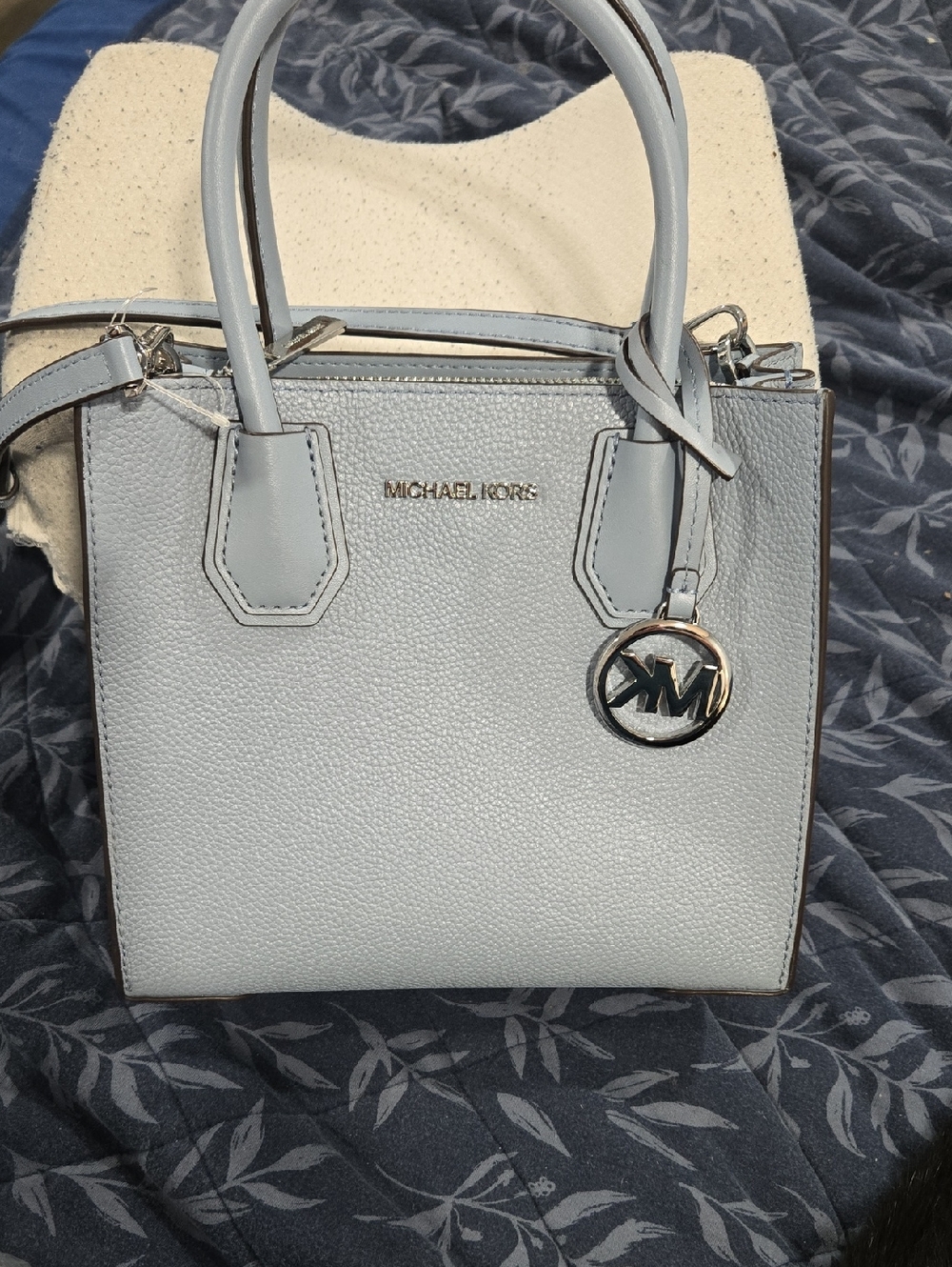 Michael Kors Pale Blue Pebbled Leather Satchel with Logo Charm
